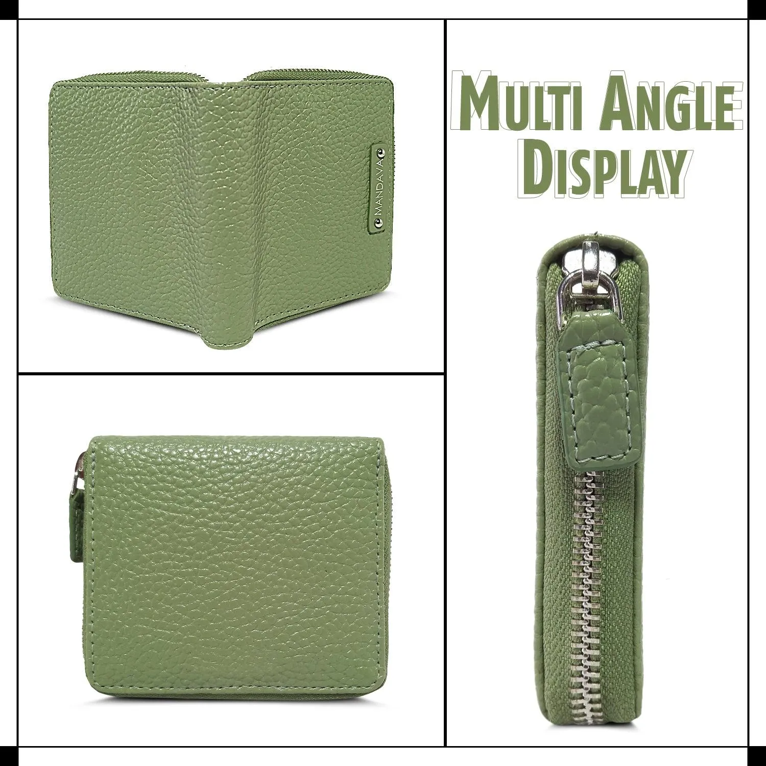 MANDAVA Women's Small Bifold PU Leather Wallet | Ladies Slim Compact Card Holder Organizer Zipper Coin Purse (Terrain Green)