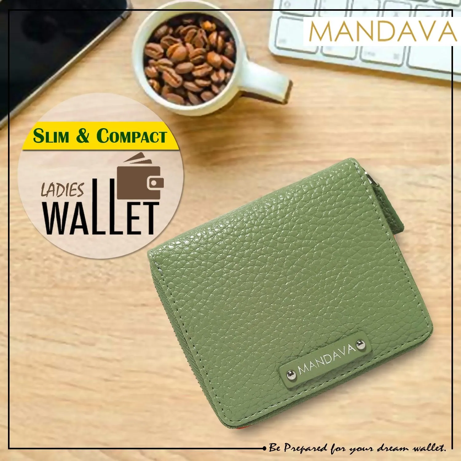 MANDAVA Women's Small Bifold PU Leather Wallet | Ladies Slim Compact Card Holder Organizer Zipper Coin Purse (Terrain Green)