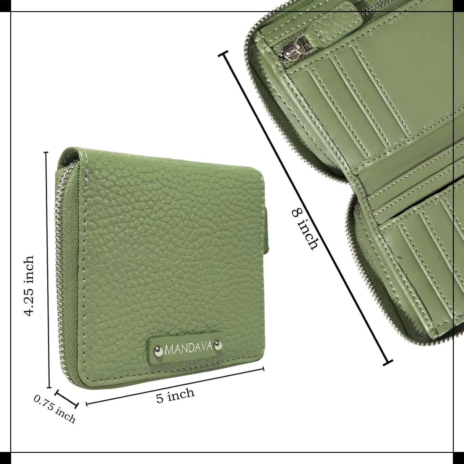MANDAVA Women's Small Bifold PU Leather Wallet | Ladies Slim Compact Card Holder Organizer Zipper Coin Purse (Terrain Green)