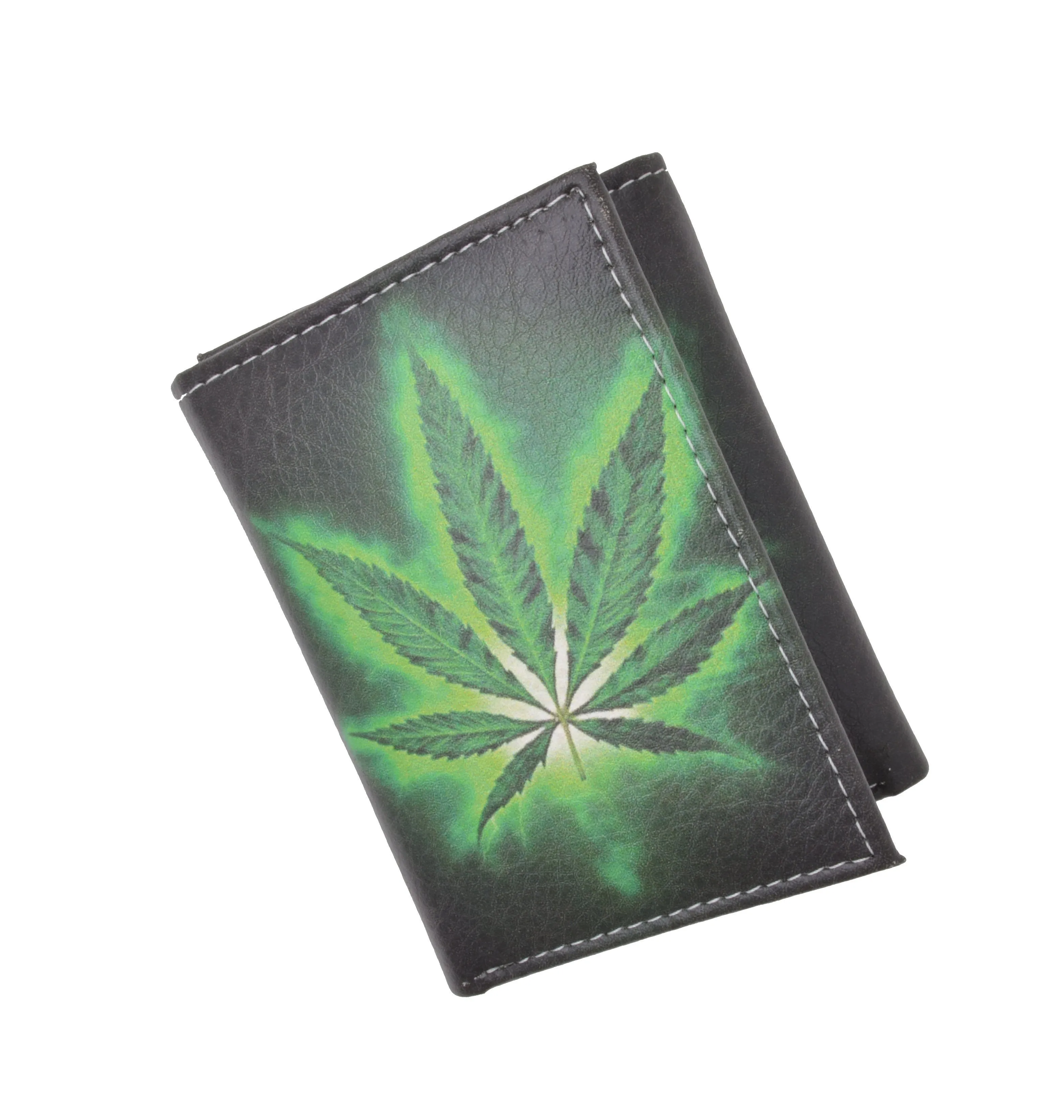 Marijuana Men's Genuine Leather Credit Card ID Holder Trifold Wallet with Middle Flap 1346-19