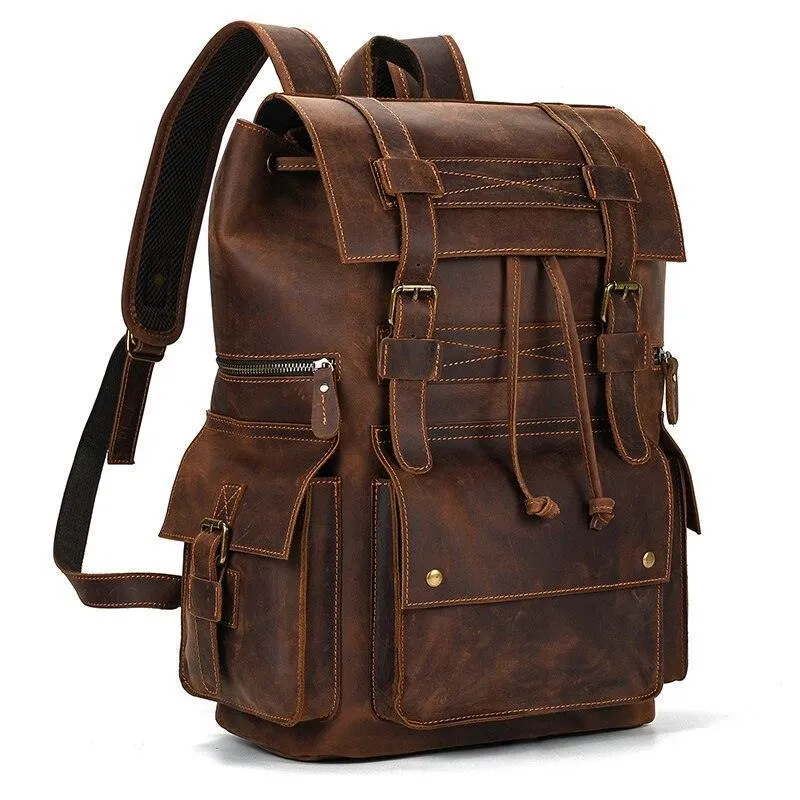 Mens Brown Leather Backpack Holds 17 Inch Laptop
