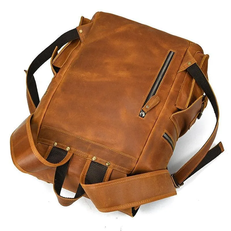 Mens Brown Leather Backpack Holds 17 Inch Laptop