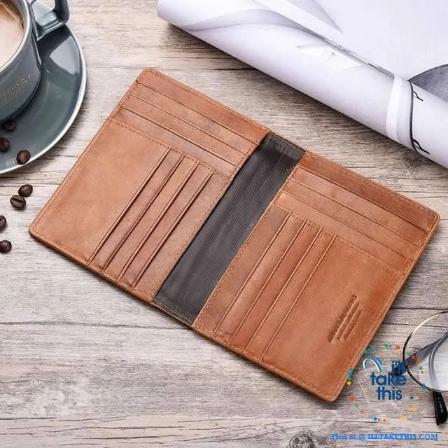 Men's Mega 8/16 Card Wallet in Genuine Cowhide Leather with Passport compartment - Black or Brown