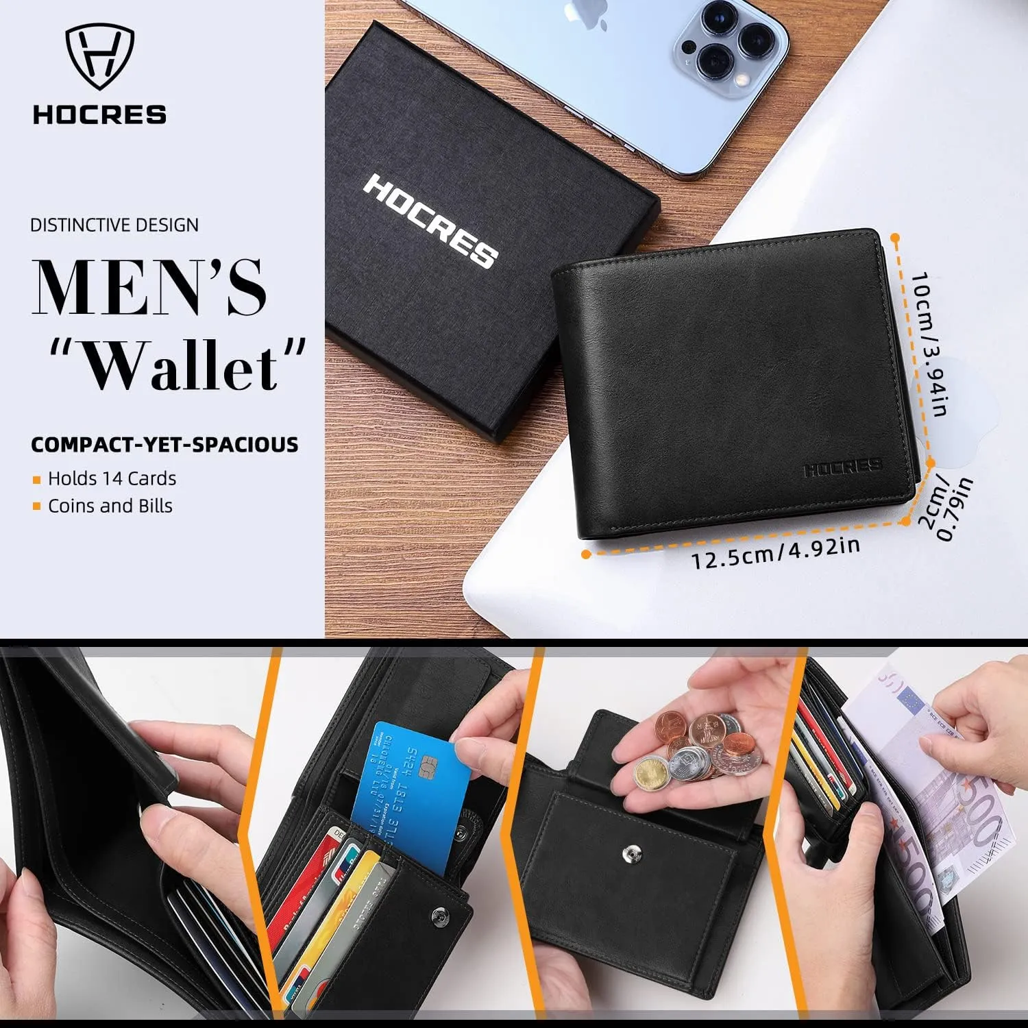 Mens Stylish RFID Blocking Leather Wallet with Ample Card Slots & Gift Box & 2 ID Window