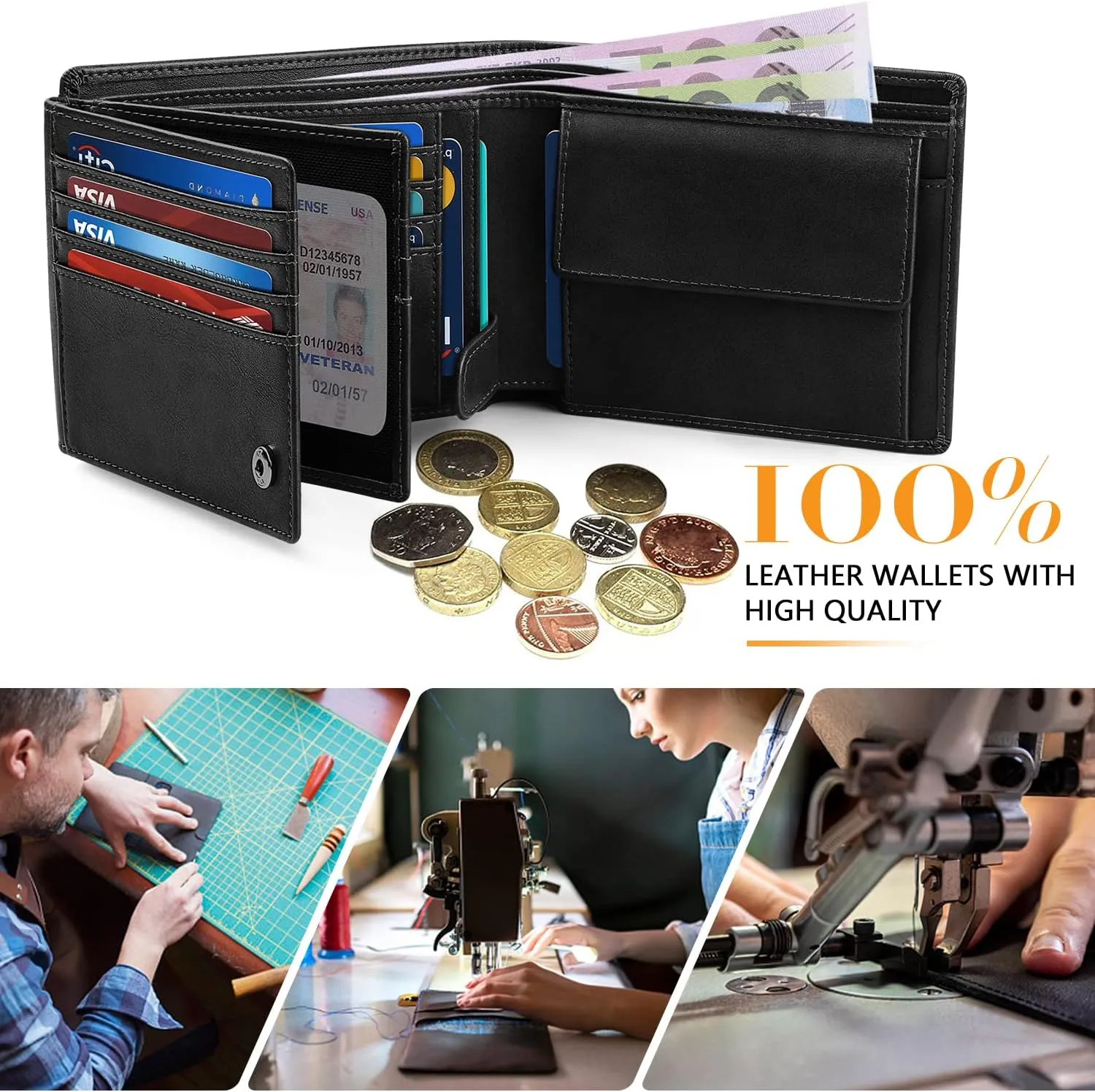 Mens Stylish RFID Blocking Leather Wallet with Ample Card Slots & Gift Box & 2 ID Window