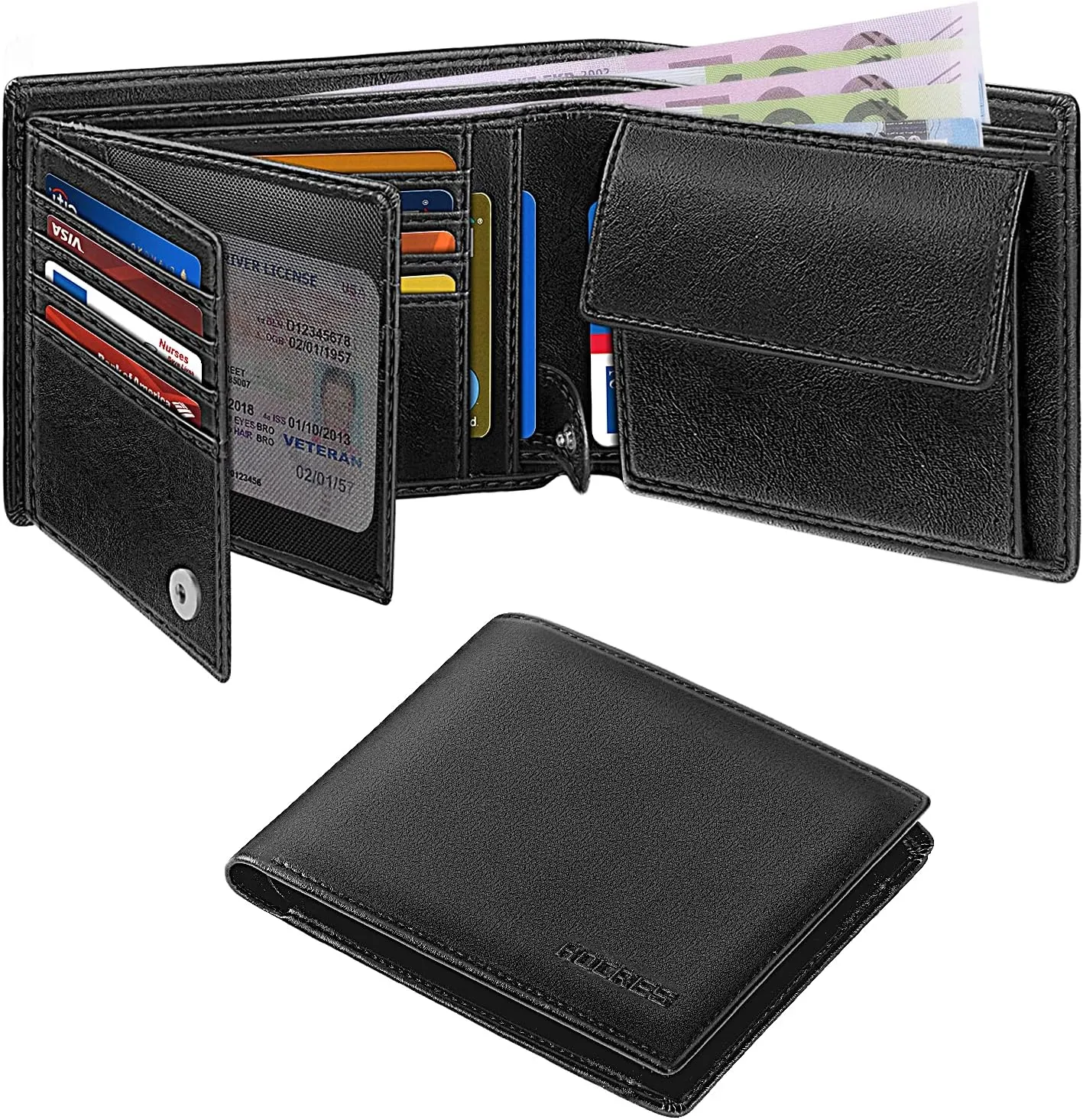 Mens Stylish RFID Blocking Leather Wallet with Ample Card Slots & Gift Box & 2 ID Window