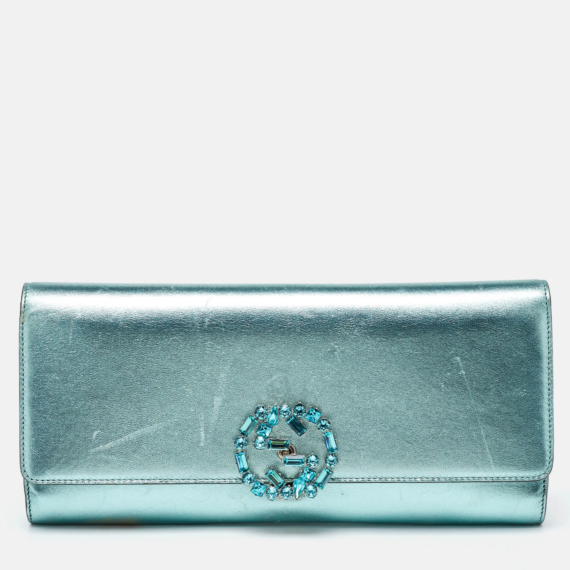 Metallic Leather Crystal Interlocking G Broadway Clutch