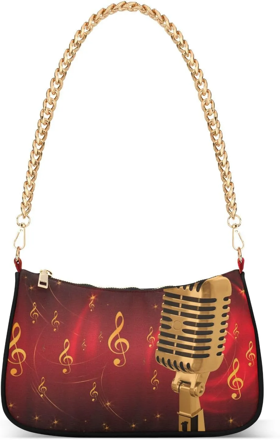 Microphone on Abstract Musical Shoulder Handbags for Women Travel Hobo Tote Handbag Women Gold Chain Shoulder Bags Purse with Zipper Closure