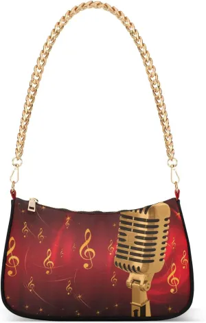 Microphone on Abstract Musical Shoulder Handbags for Women Travel Hobo Tote Handbag Women Gold Chain Shoulder Bags Purse with Zipper Closure