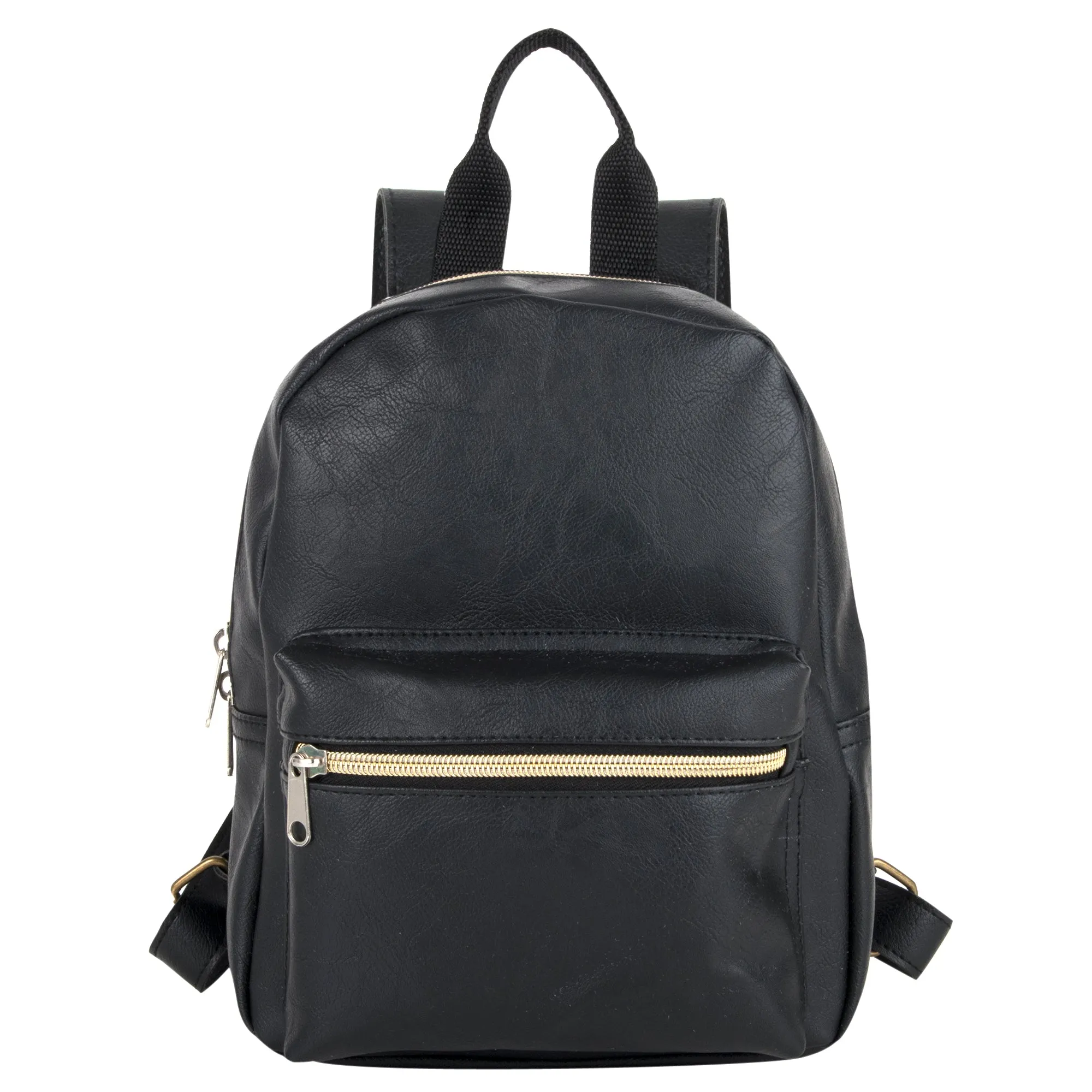 Mini Backpack 10 Inch Black Vinyl With Front Zipper Pocket