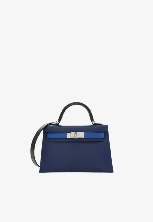 Mini Kelly Sellier 20 in Bleu Saphir, Bleu France and Black Epsom Leather with Palladium Hardware