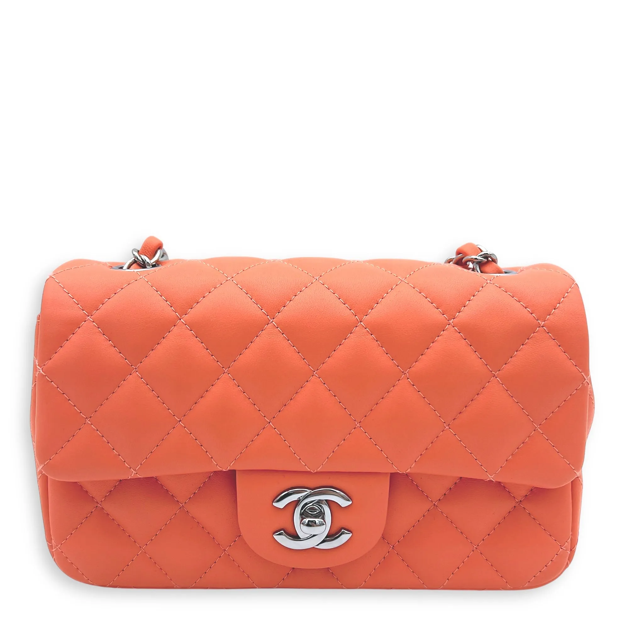 Mini Rectangle Shoulder Bag Orange in Lambskin, Silver hardware