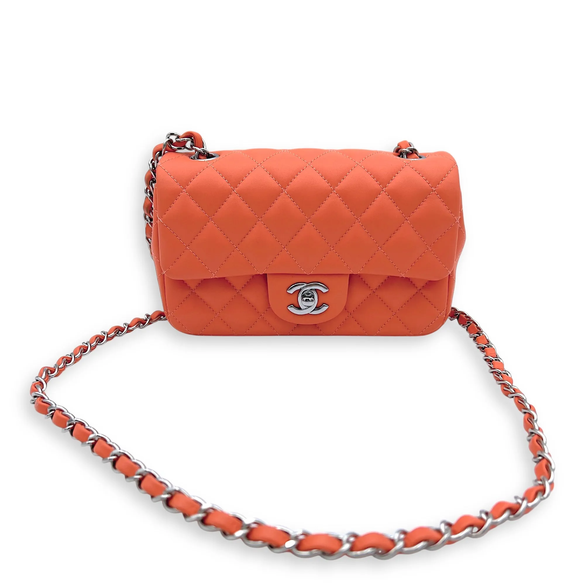 Mini Rectangle Shoulder Bag Orange in Lambskin, Silver hardware