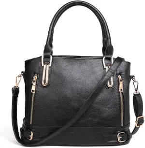 Mn&Sue Motorcycle Style Women PU Leather Handbag Large Top Handle Shoulder Tote Bag Work Lady Satchel
