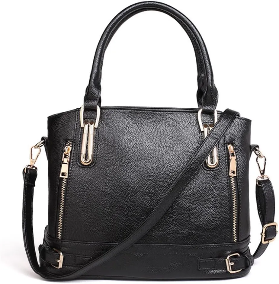 Mn&Sue Motorcycle Style Women PU Leather Handbag Large Top Handle Shoulder Tote Bag Work Lady Satchel