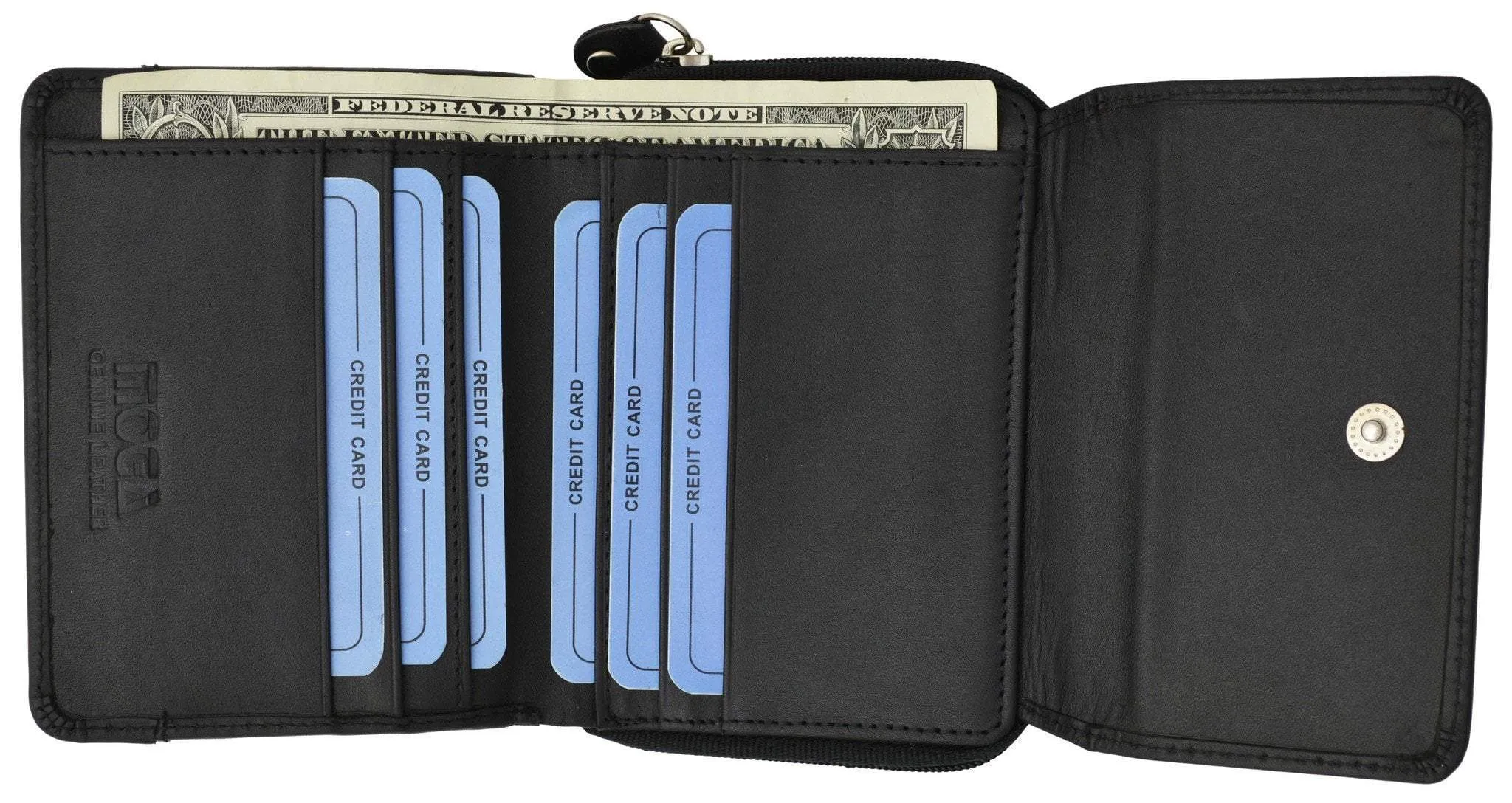 Moga Leather Trifold Card ID Holder Wallet with Zipper Compartment