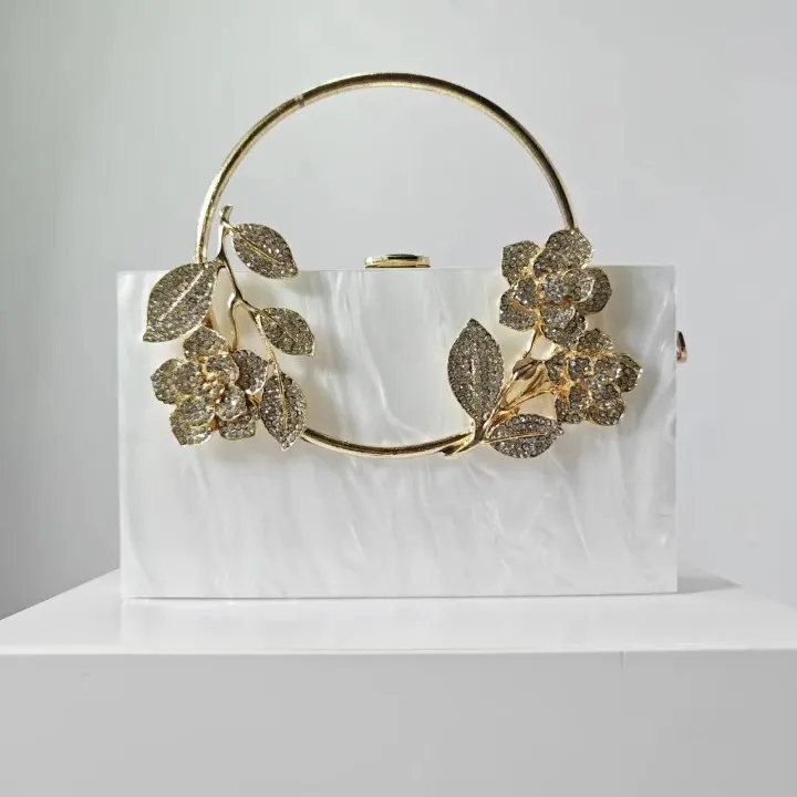 Mona Metal Flower Handle Acrylic Box Clutches
