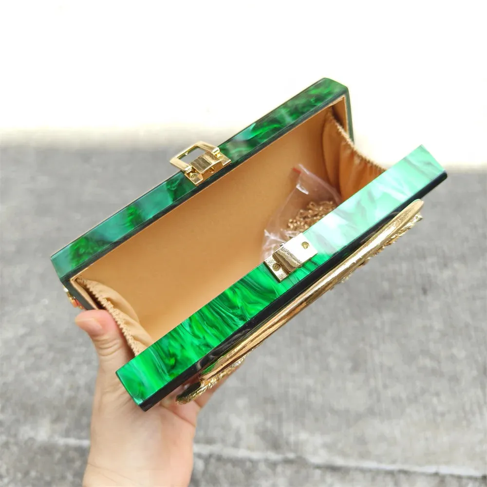 Mona Metal Flower Handle Acrylic Box Clutches