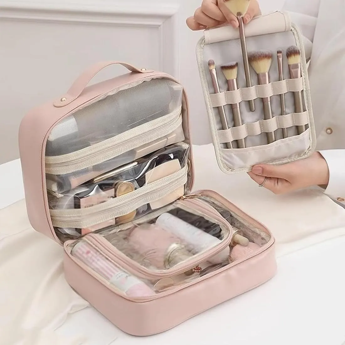 Multi Compartment Toiletry Cosmetic Bag, Super Large Capacity Multi Compartment Toiletry Bag, Multi-Compartment Toiletry Cosmetics Bag With Interlayer, Handle, Waterproof Pu Leather (2Pcs-Black)