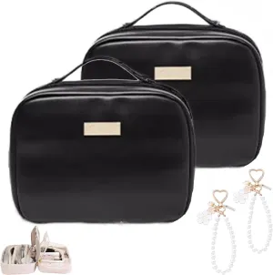 Multi Compartment Toiletry Cosmetic Bag, Super Large Capacity Multi Compartment Toiletry Bag, Multi-Compartment Toiletry Cosmetics Bag With Interlayer, Handle, Waterproof Pu Leather (2Pcs-Black)