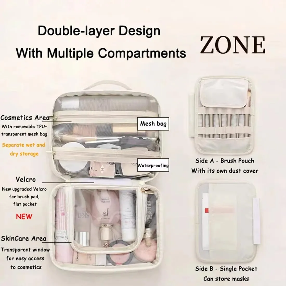 Multi Compartment Toiletry Cosmetic Bag, Super Large Capacity Multi Compartment Toiletry Bag, Multi-Compartment Toiletry Cosmetics Bag With Interlayer, Handle, Waterproof Pu Leather (2Pcs-Black)