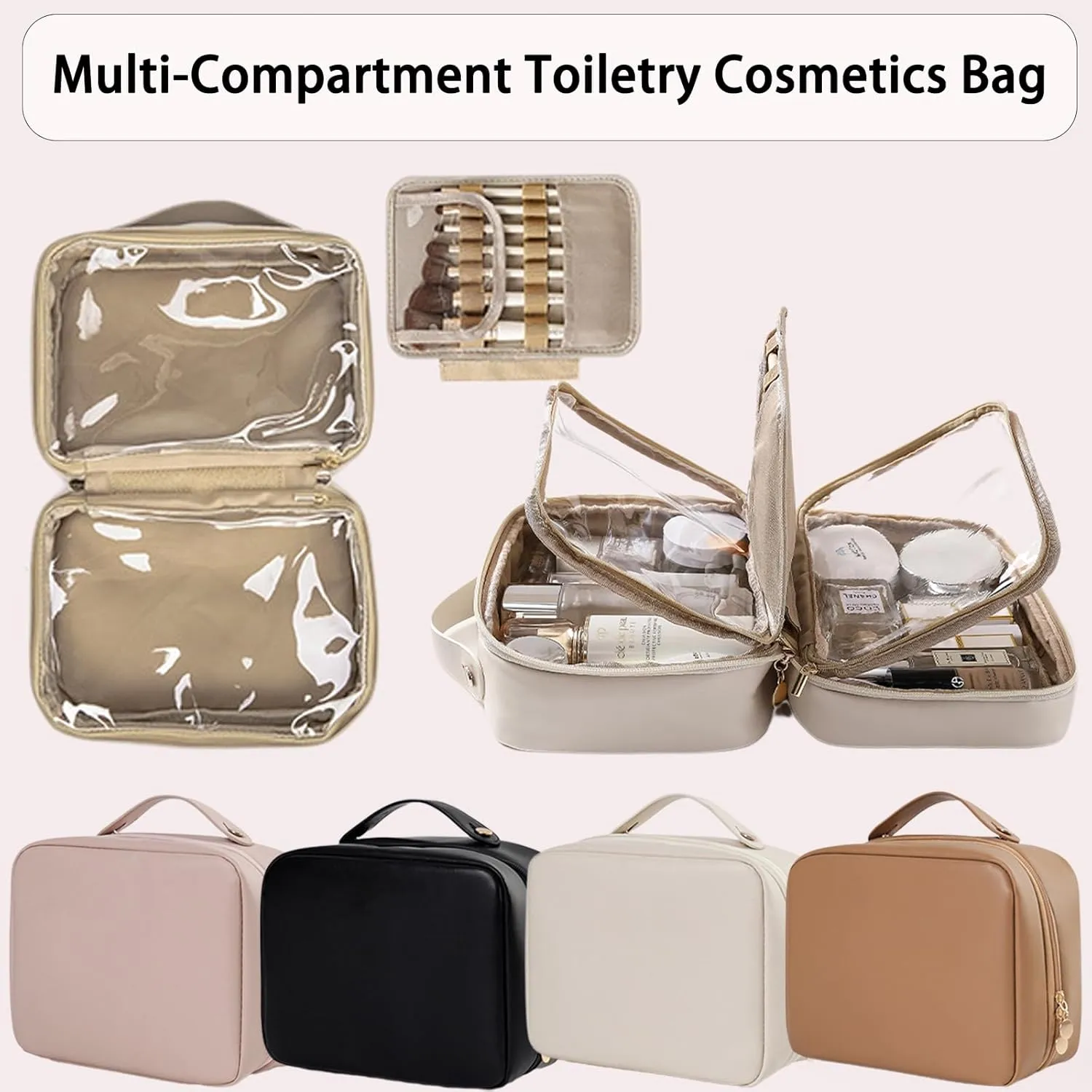 Multi-Compartment Toiletry Cosmetics Bag, Consulbefor Bag-Multi Compartment Toiletry Bag, Toiletry Cosmetics Bag Consulbefor, PU Leather Large Capacity & Portable (Beige)