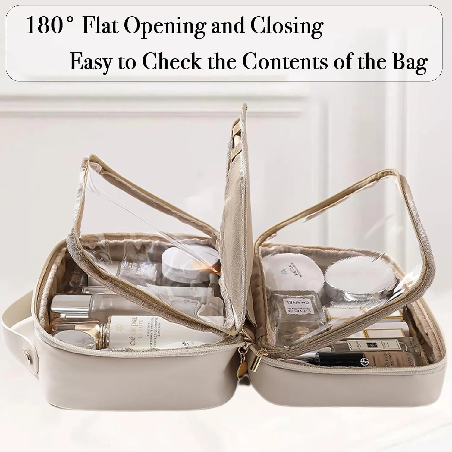 Multi-Compartment Toiletry Cosmetics Bag, Consulbefor Bag-Multi Compartment Toiletry Bag, Toiletry Cosmetics Bag Consulbefor, PU Leather Large Capacity & Portable (Beige)