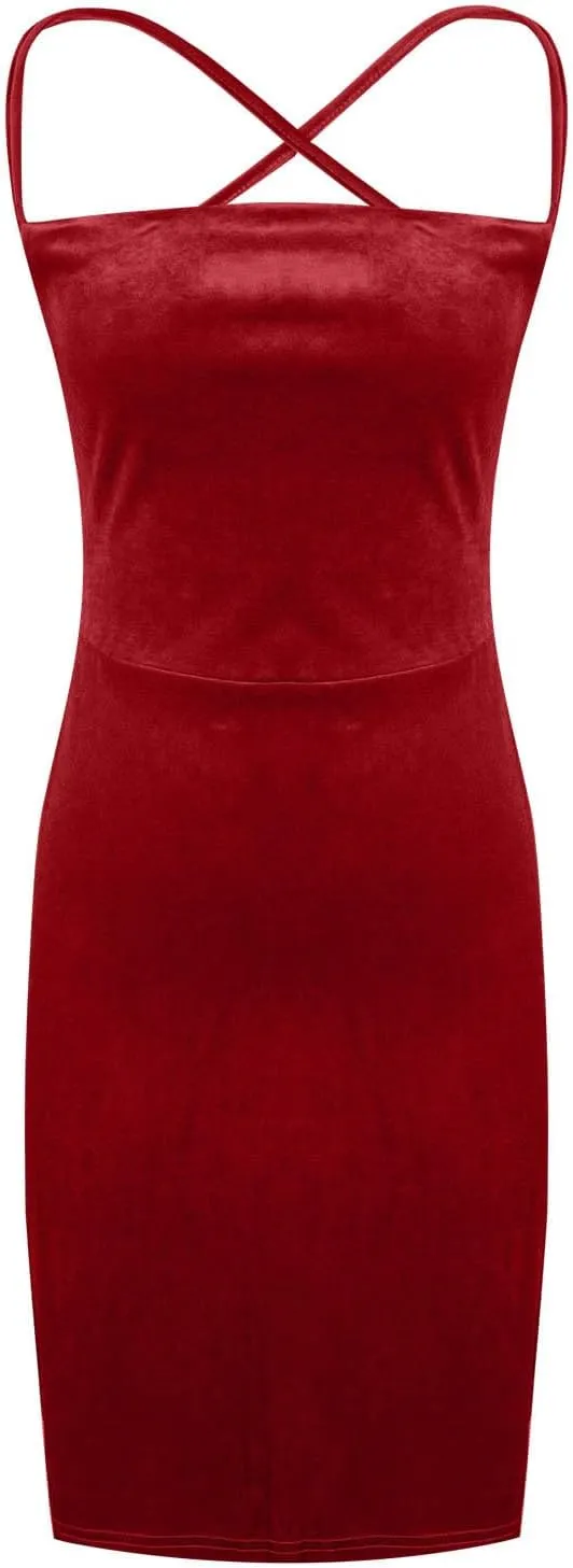 NaRHbrg Sexy Bodycon Velvet Dress for Women Spaghetti Strap Slit Mini Dresses Elegant Club Party Evening Outfit