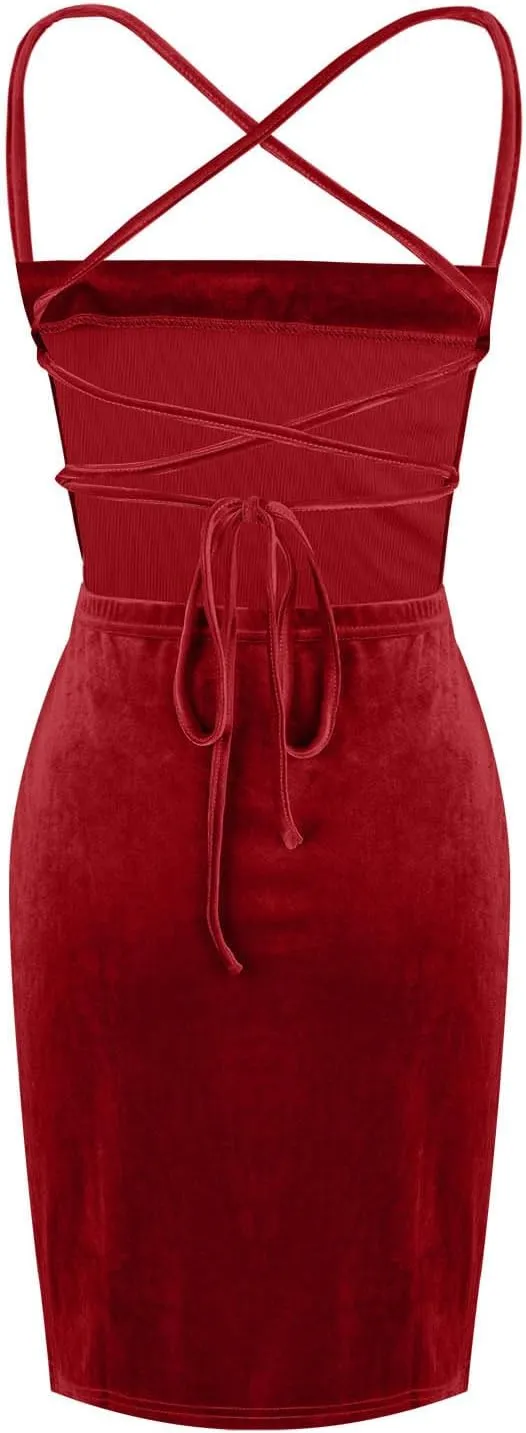 NaRHbrg Sexy Bodycon Velvet Dress for Women Spaghetti Strap Slit Mini Dresses Elegant Club Party Evening Outfit
