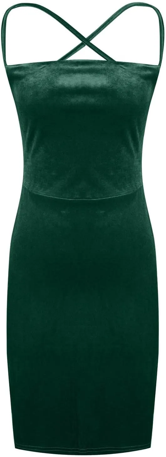 NaRHbrg Sexy Bodycon Velvet Dress for Women Spaghetti Strap Slit Mini Dresses Elegant Club Party Evening Outfit