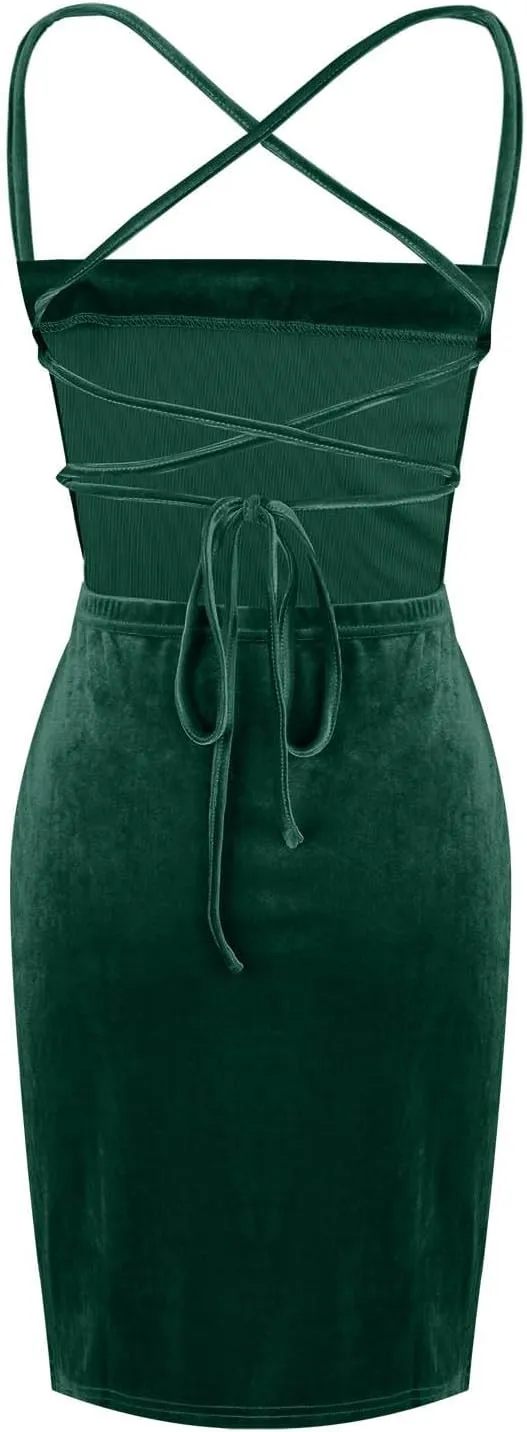 NaRHbrg Sexy Bodycon Velvet Dress for Women Spaghetti Strap Slit Mini Dresses Elegant Club Party Evening Outfit