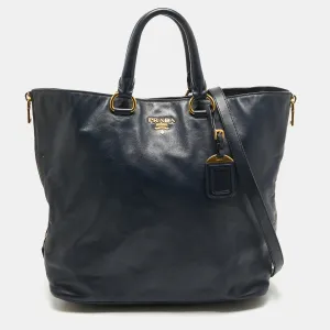 Navy Blue Leather Side Zip Tote