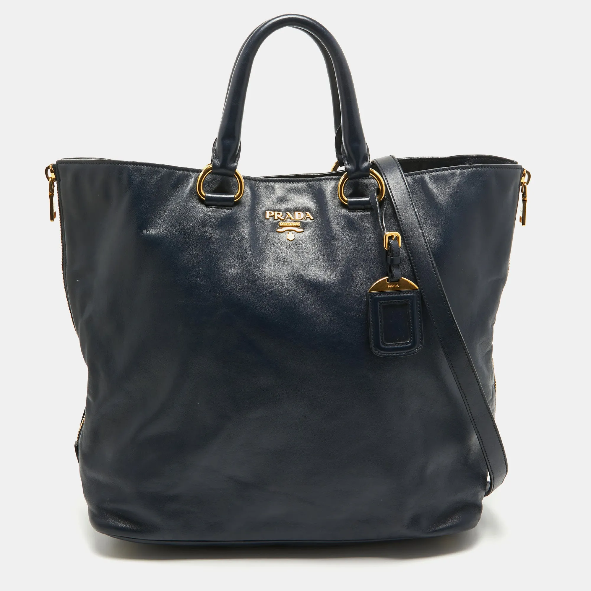 Navy Blue Leather Side Zip Tote