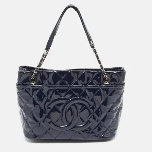 Navy Blue Quilted Patent Leather Timeless CC Shopper Tote