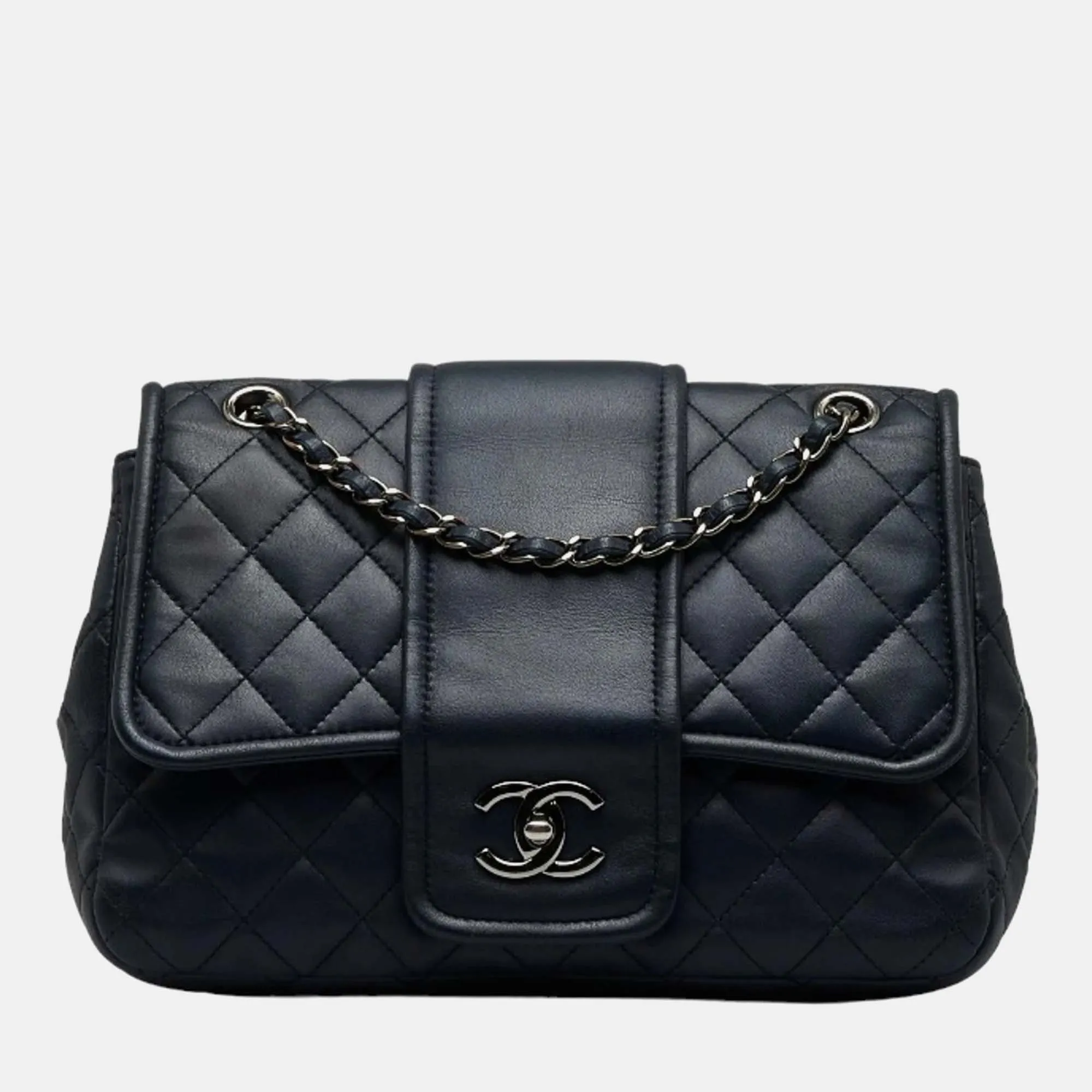 Navy Leather Matelasse Chain Shoulder Bag