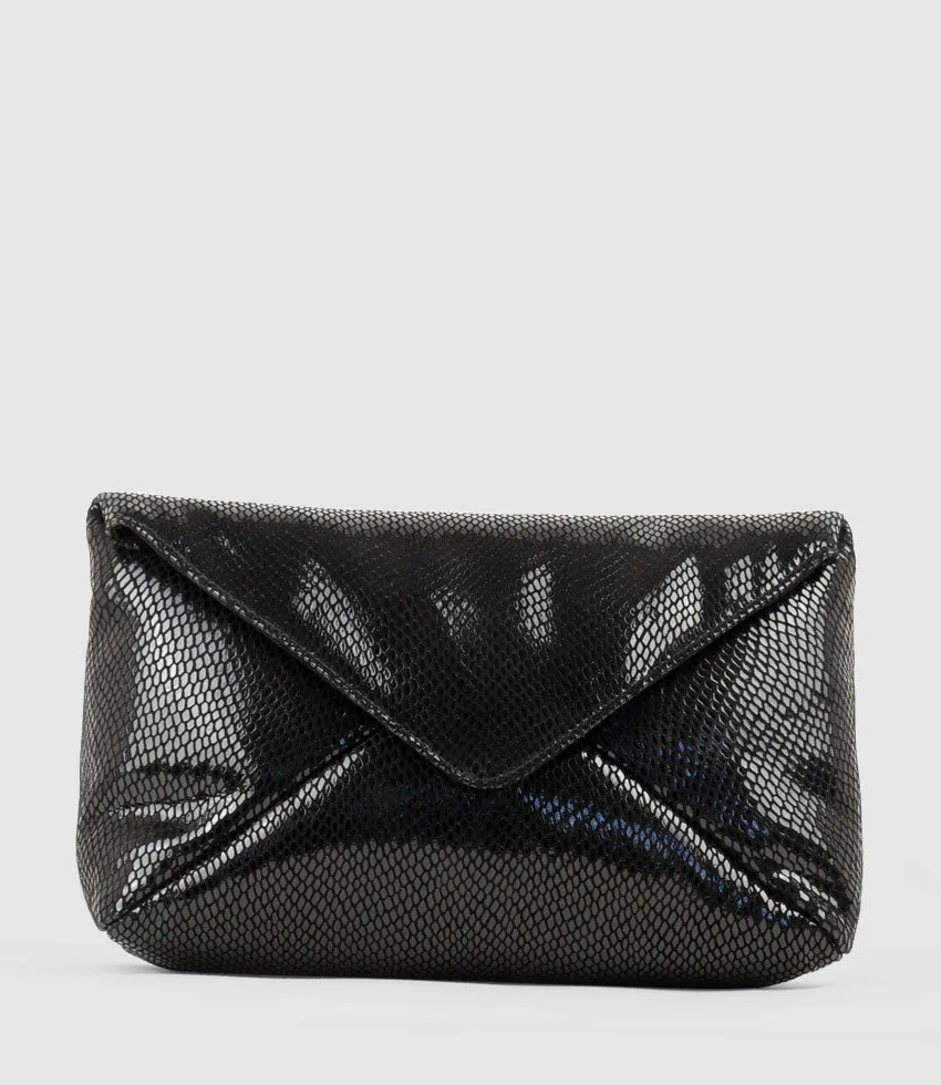 NERYS Envelope Clutch in Black Snake Suede