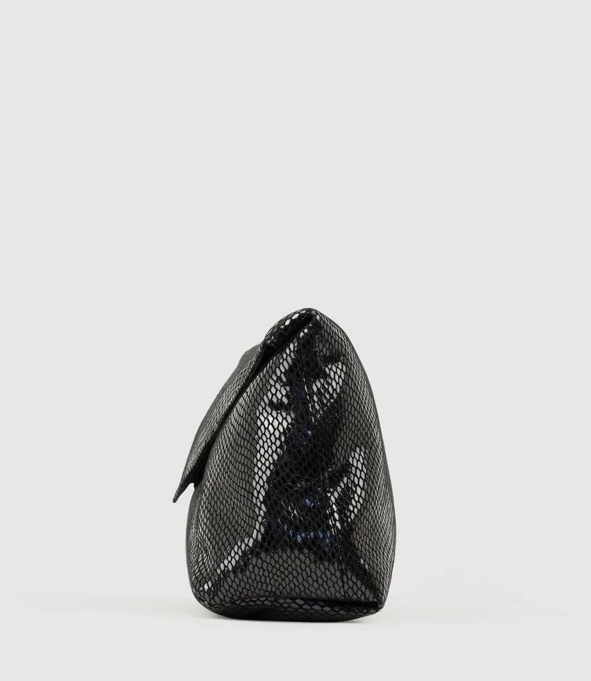 NERYS Envelope Clutch in Black Snake Suede