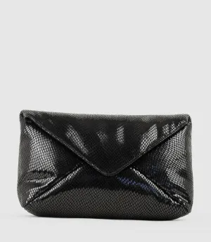 NERYS Envelope Clutch in Black Snake Suede