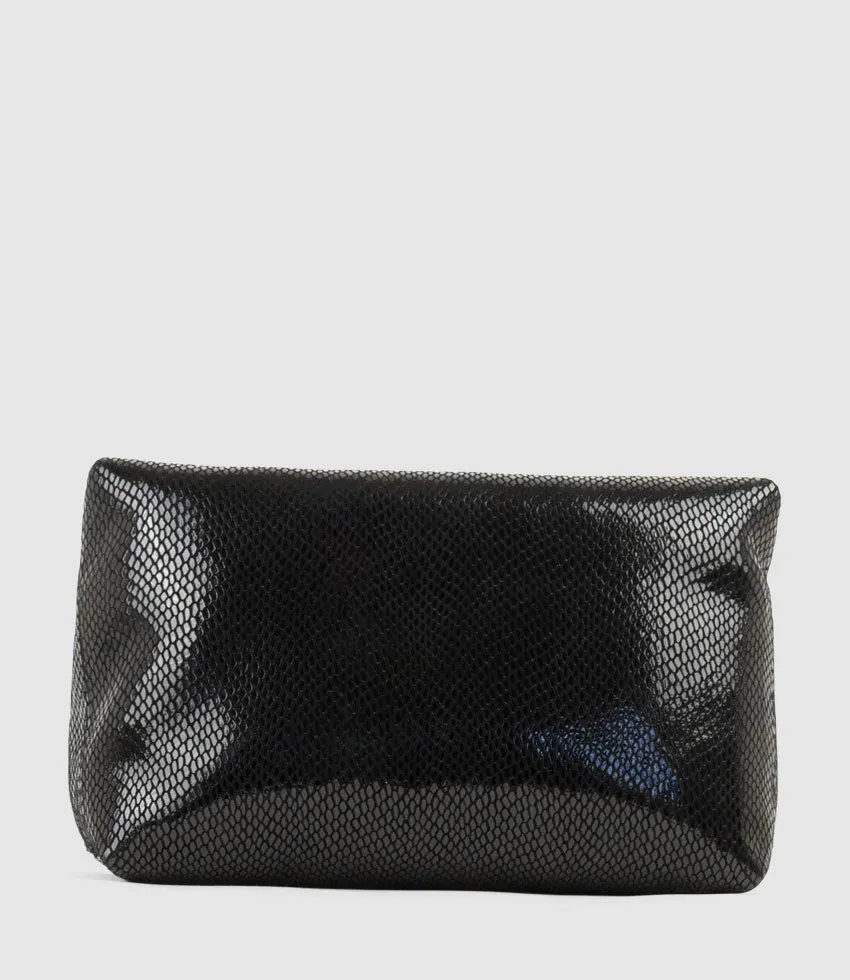 NERYS Envelope Clutch in Black Snake Suede