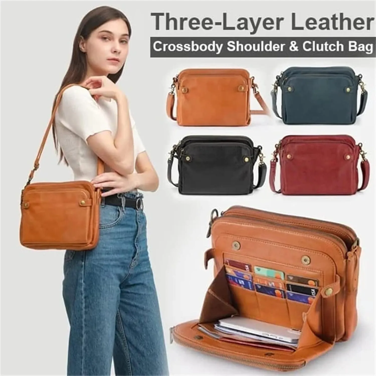 NEW BLACK Gpmsign Crossbody Bag, Gpmsign-Fashion Anti Theft Leather Bag, PU Leather Shoulder Bags and Clutches, 3 Layer Crossbody Leather Shoulder Bag