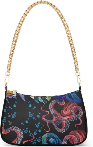 Octopus Tropical Fishes Shoulder Handbags for Women Travel Hobo Tote Handbag Women Gold Chain Shoulder Bags Purse with Zipper Closure