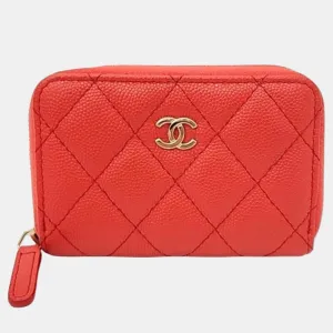 Orange Caviar Leather Zip Around CC Wallet