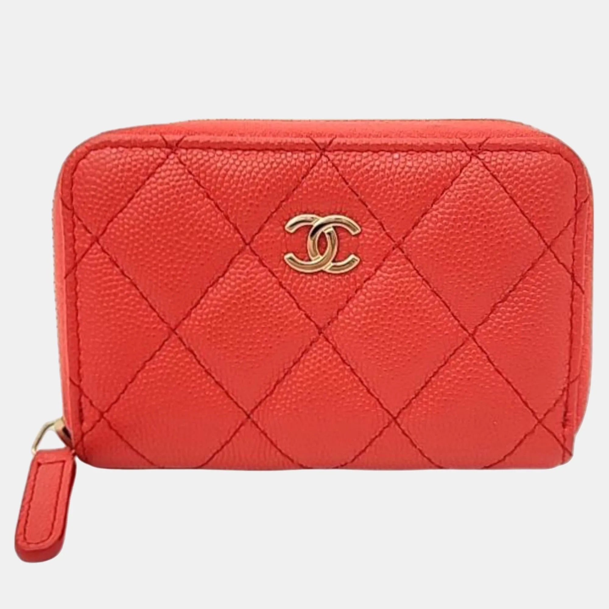 Orange Caviar Leather Zip Around CC Wallet