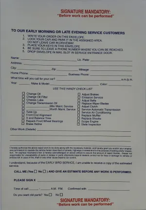 Overnight Auto Repair Envelopes