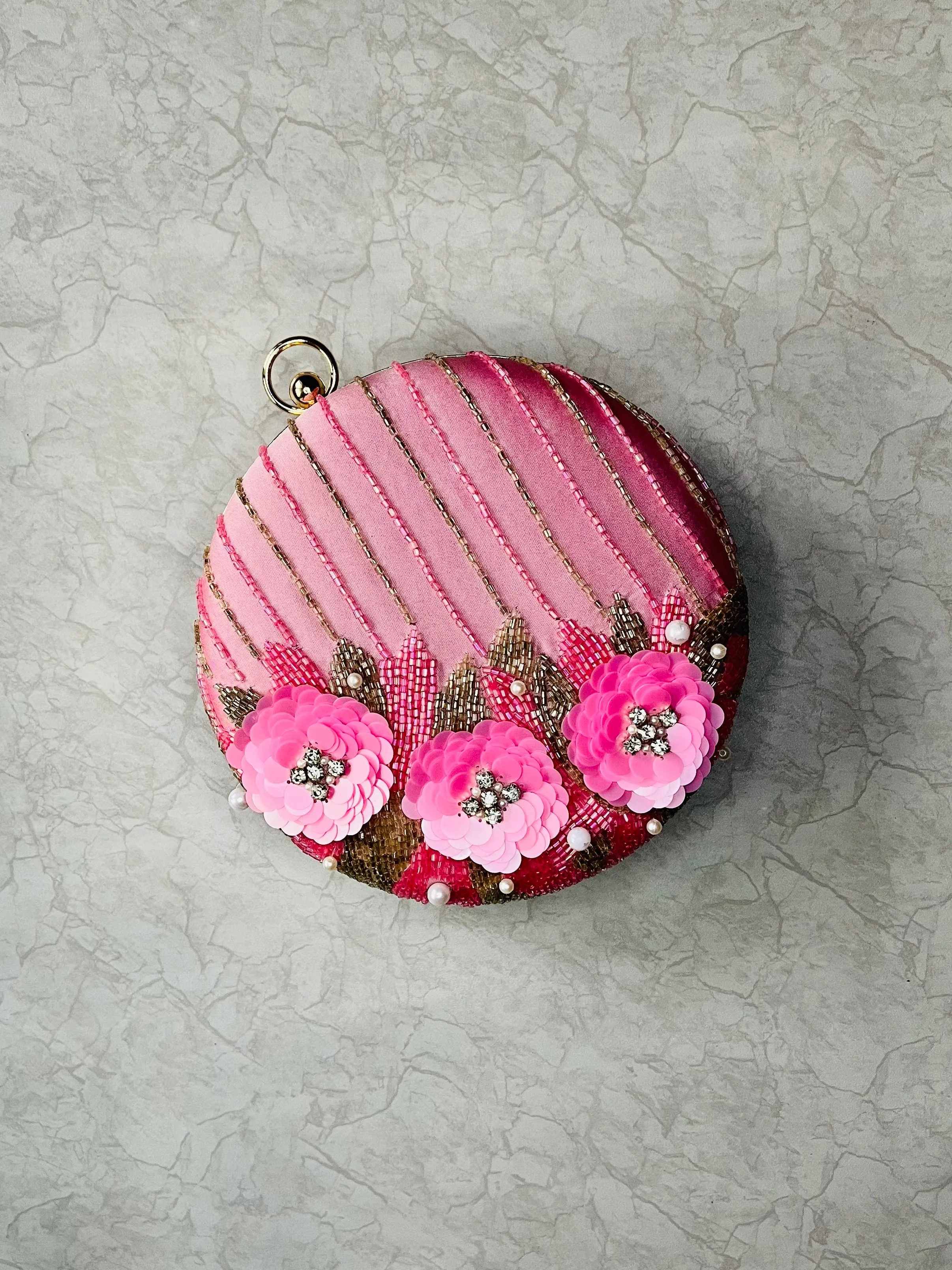 Pink Embroidered Round Clutch