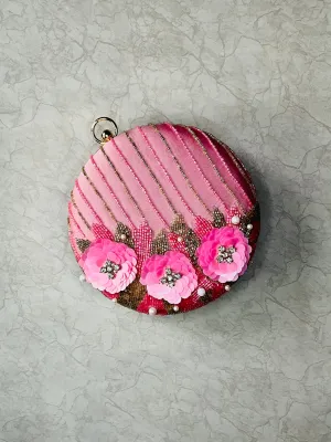 Pink Embroidered Round Clutch