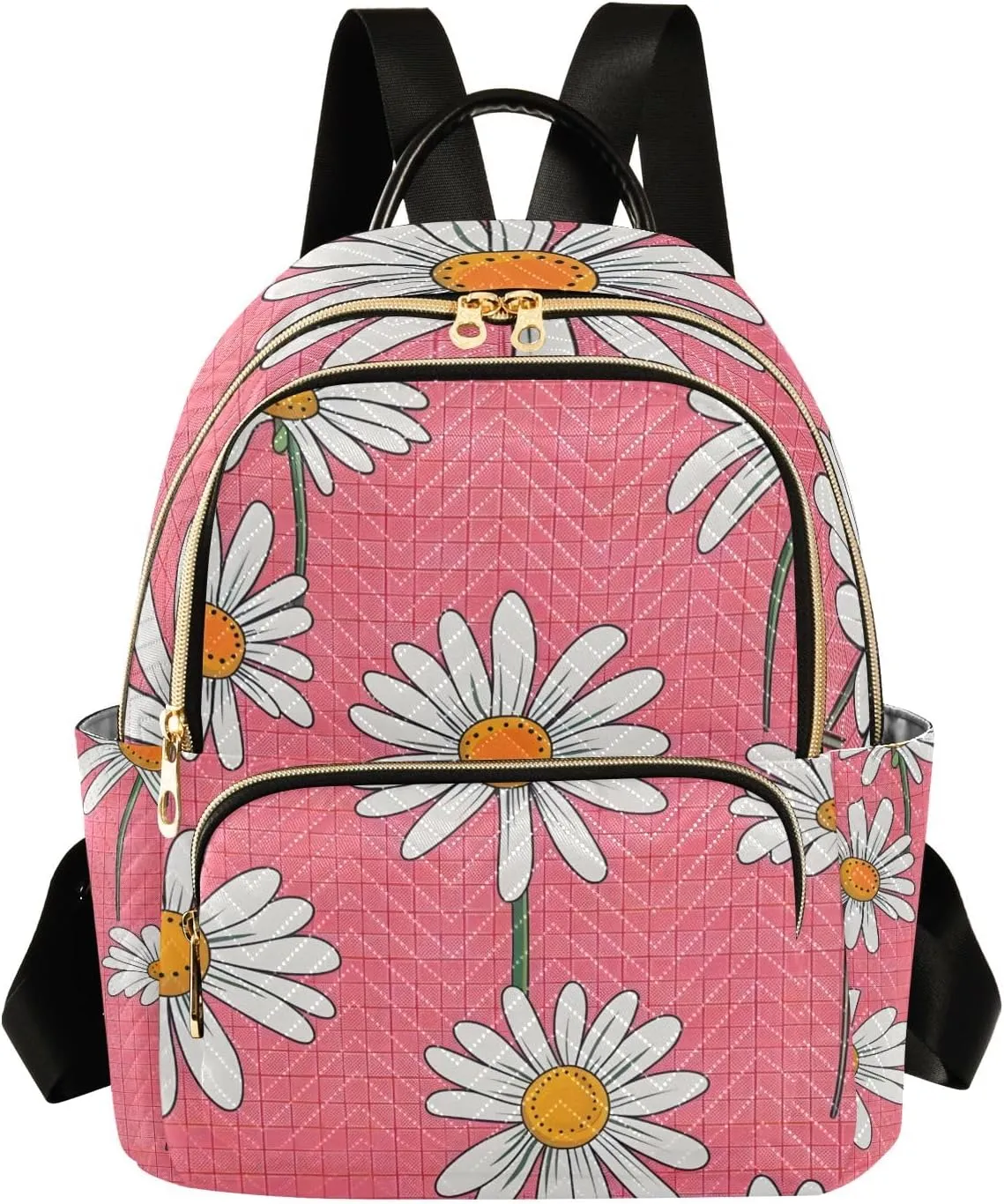 Pink Flower Checked Women Fashion Backpack Purse Multi Pockets Rucksack Travel Shoulder BagS
