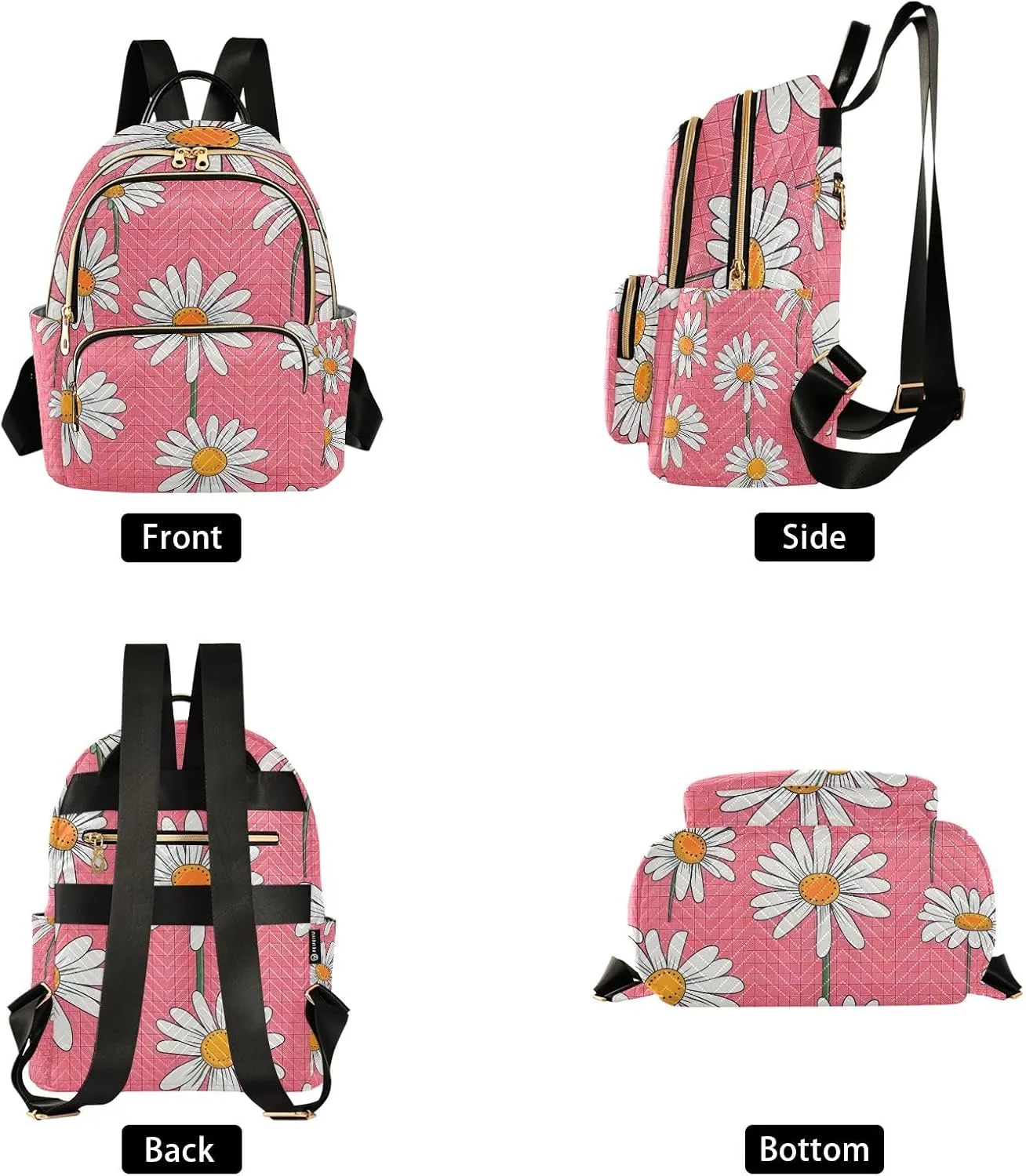 Pink Flower Checked Women Fashion Backpack Purse Multi Pockets Rucksack Travel Shoulder BagS
