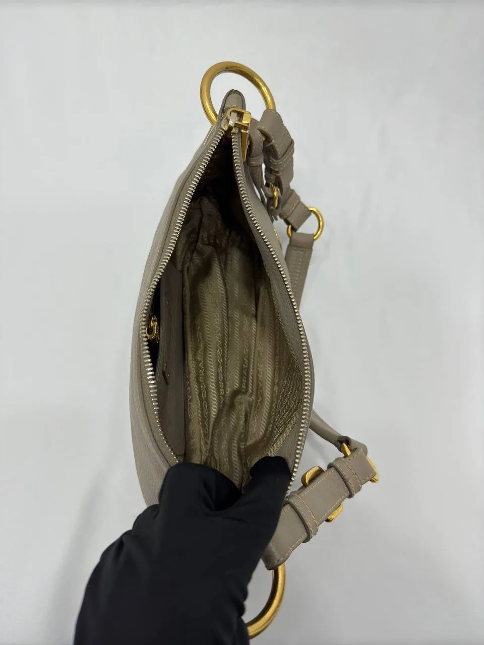 PRADA Belted Zip Shoulder Bag Vitello Daino Handbag