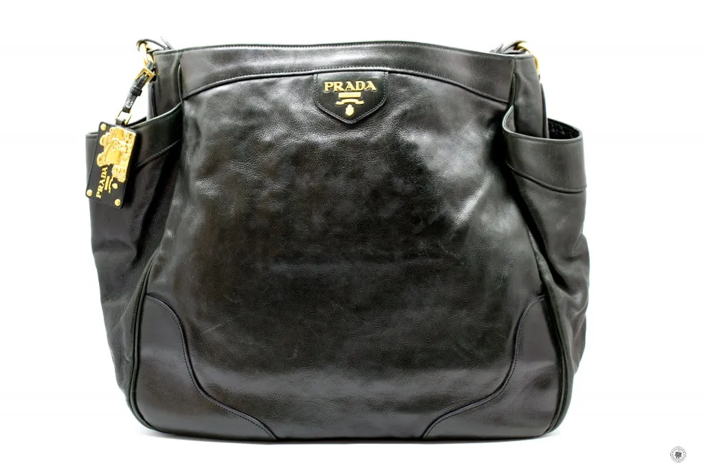 Prada BR3783 Vitello Daino Hobo Black Leather Shoulder Bags Ghw